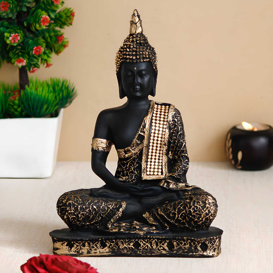 Serene Meditating Buddha Statue – Elegant Black & Gold Decorative Figurine for Home & Office Decor